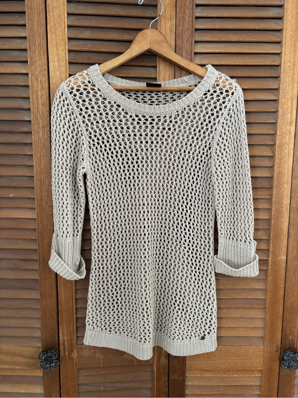 Point Zero Open-Weave crochet  Sweater in Light Beige with Metallic Thread small